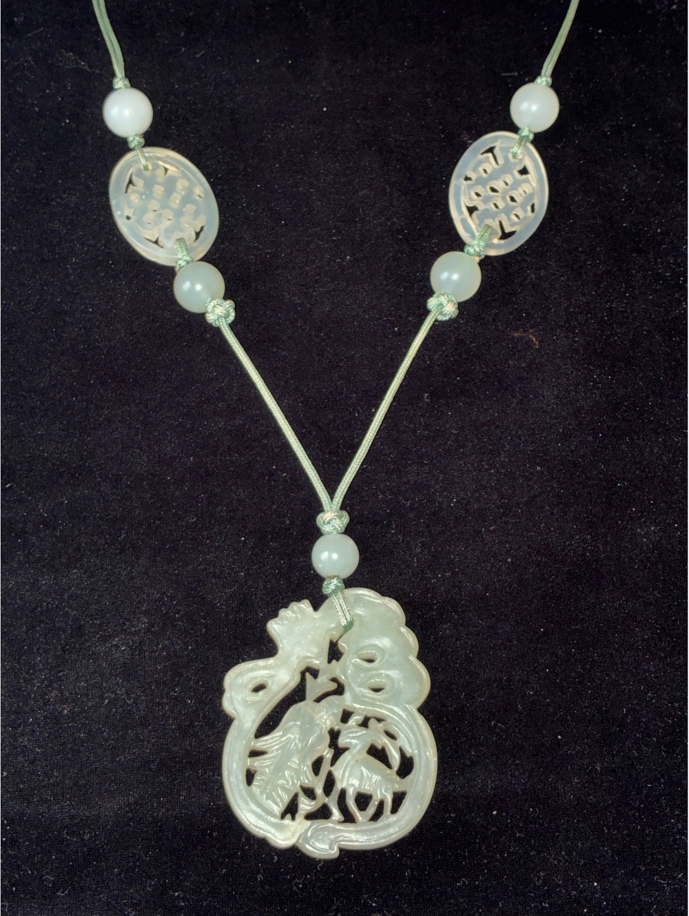 Vintage Hand-Carved Celadon Jade Pendant Estate Good Fortune & Longevity Amulet